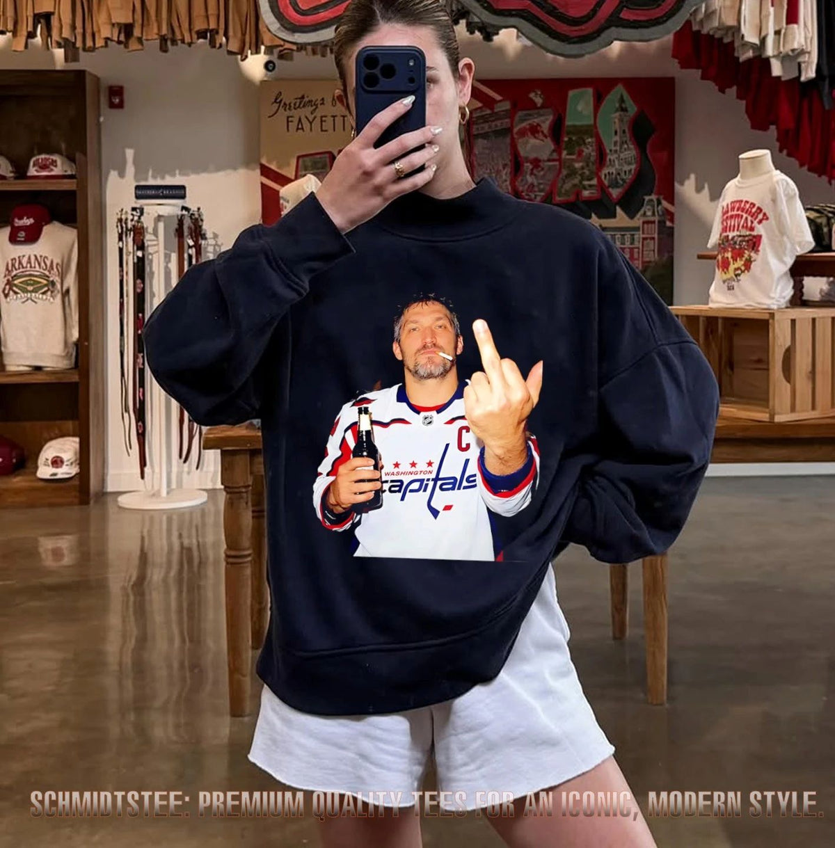 Alex Ovechkin Washington Capitals holding beer middle finger shirt