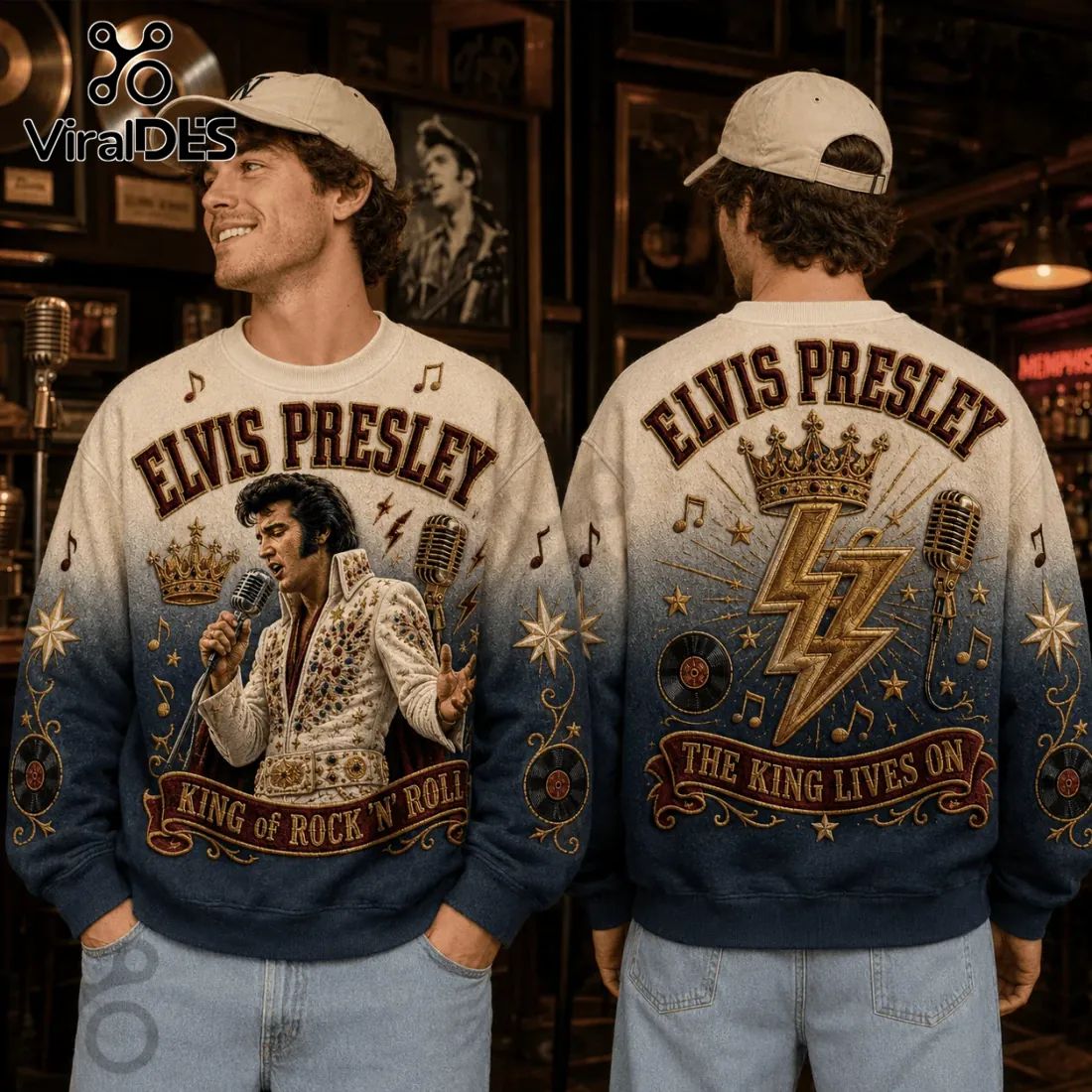 Elvis Presley The King Lives On Blue Ombre Ugly Sweater