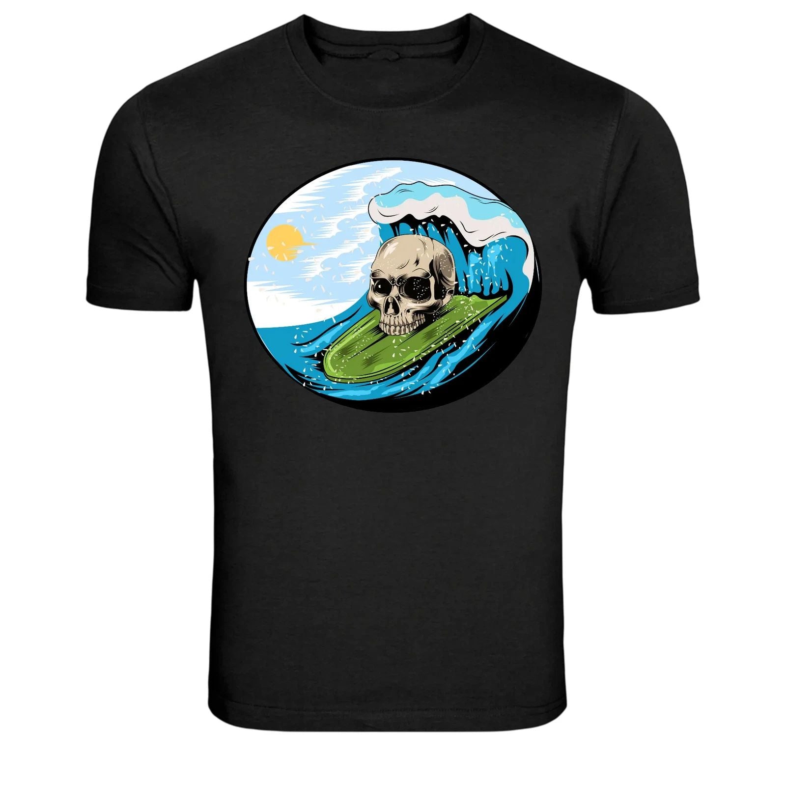 Skull Surfing Big Wave Ocean Graphic T-Shirt