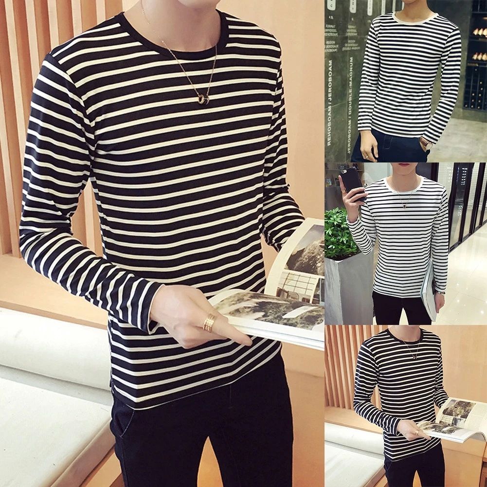Fashionable Design Korean Casual Tops Men's Base Layer Black White Striped