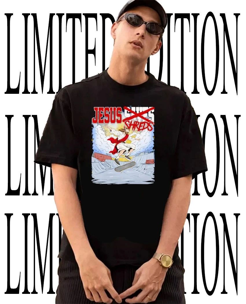 Jesus skateboarding shreds caricature tee
