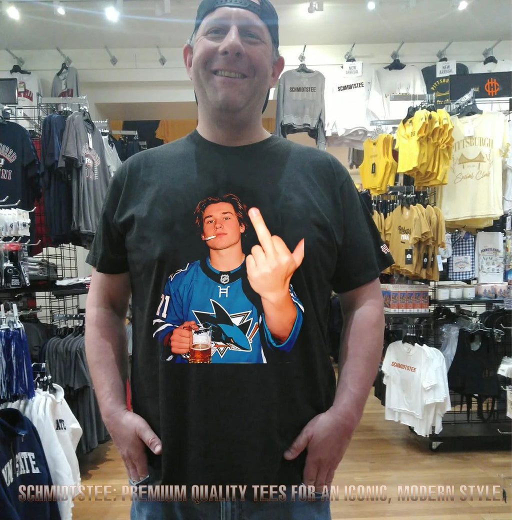 Macklin Celebrini San Jose Sharks holding beer middle finger shirt