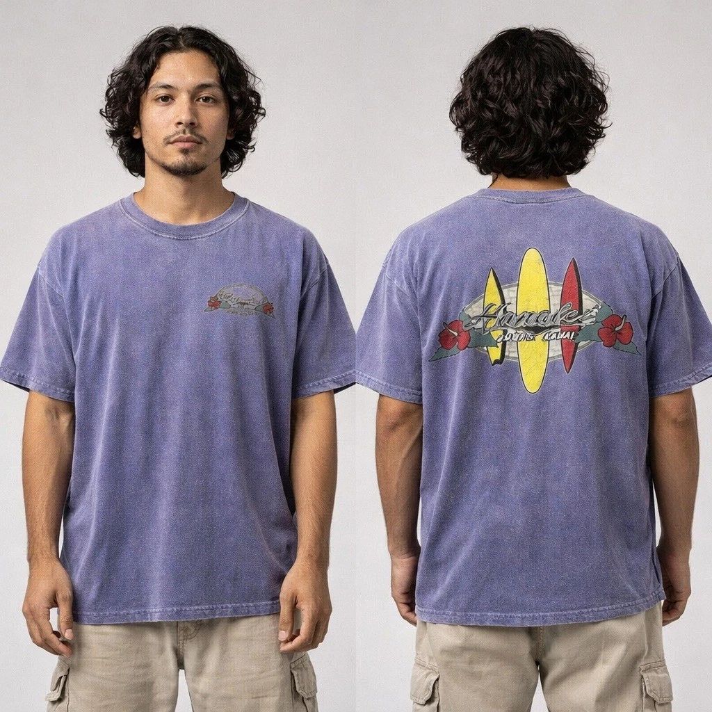 Vintage 90s Hanalei Kauai Hawaii Surf Tee Blue Purple Fade USA Y2K L