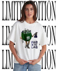 M and M’s Ms Green fab in the lab holding beaker wrench caricature shirt
