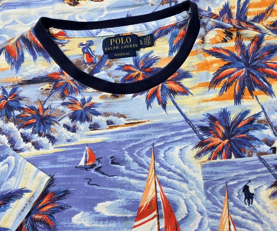 Polo Ralph Lauren Shirt Short Sleeve Men XL Hawaiian Beach Pocket Graphic T AOP