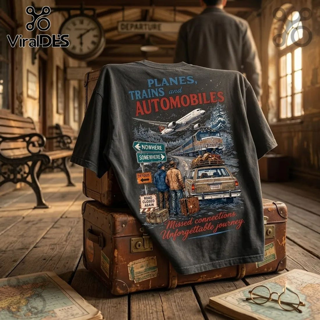 Planes Trains and Automobiles Charcoal Cotton T-Shirt