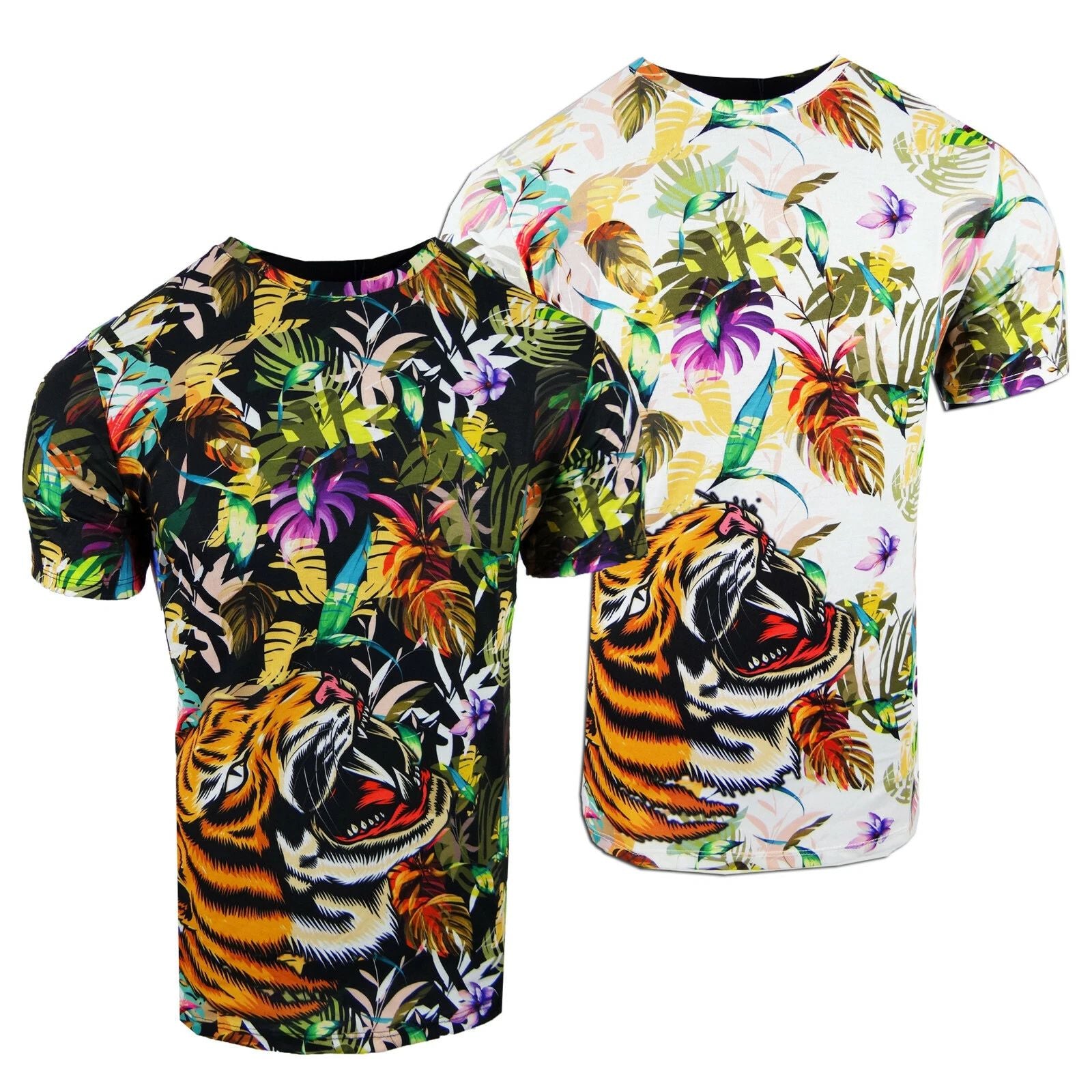 Designer Mens T- Shirt Tropical Colorful Floral Tiger Animal Print Slim Fit