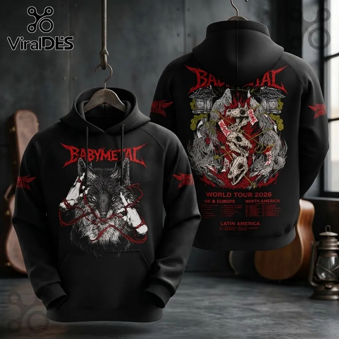 Babymetal 2026 World Tour Wolf Mascot Black Hoodie