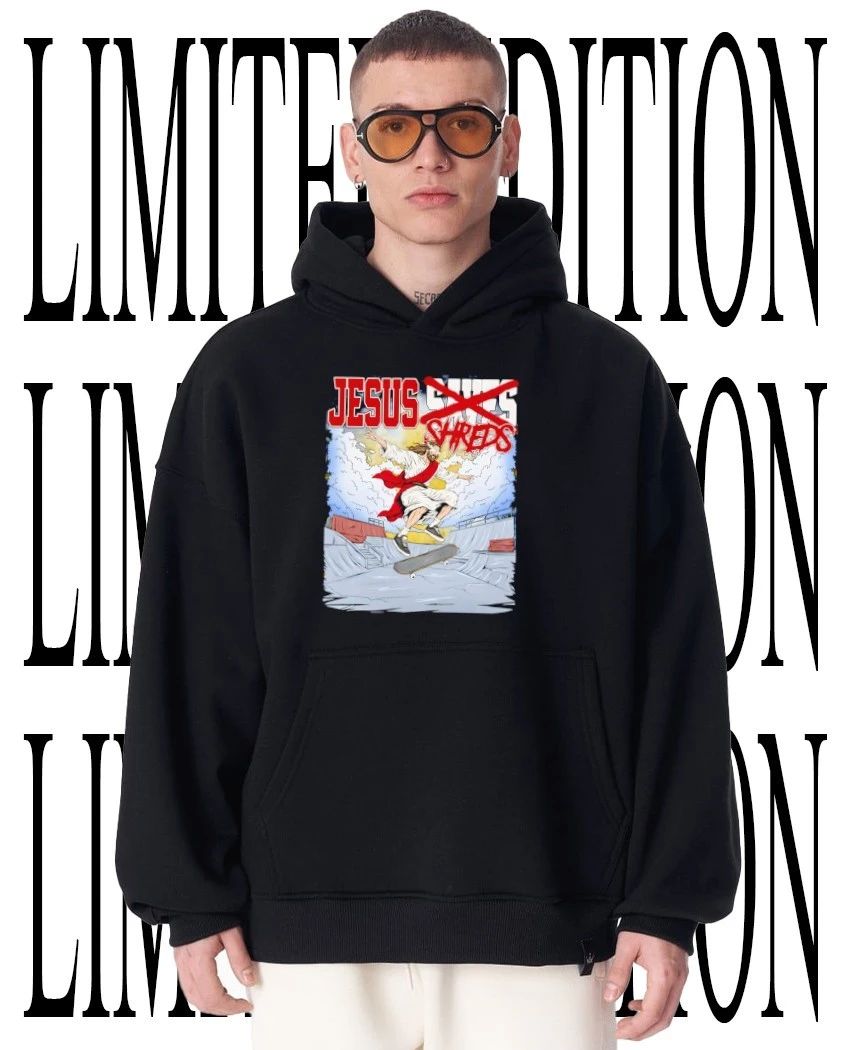 Jesus skateboarding shreds caricature tee