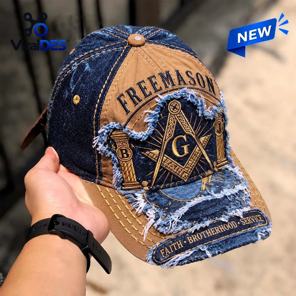 Freemasonry Embroidered Denim Distressed Baseball Cap