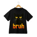 Trendy Black Cat"bruh"Print T-Shirt,Unisex Loose Street-Style Casual Tee