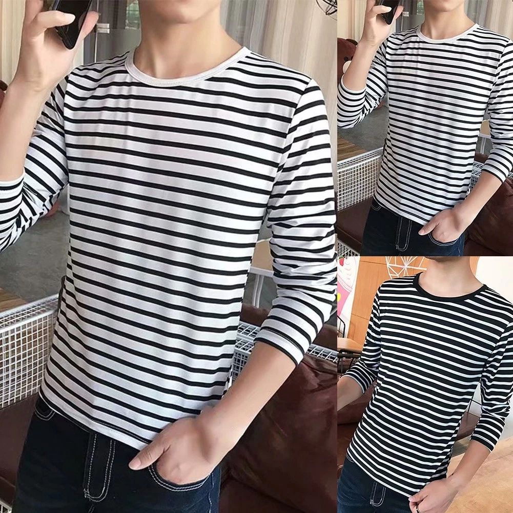 Stylish Men's Round Neck Long Sleeve Stripe T Shirt Casual Tees Collection