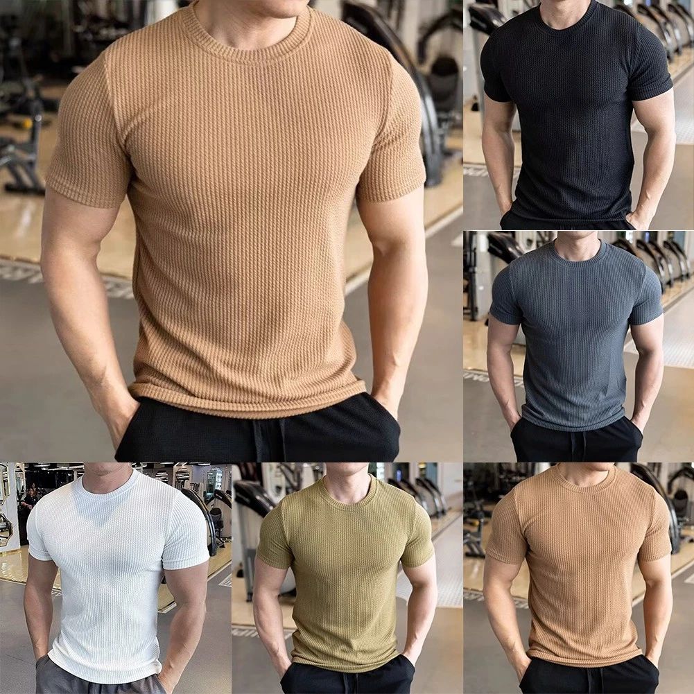 Mens Summer Solid Color Slim Fit Knitted T Shirt Short Sleeve Sports Top