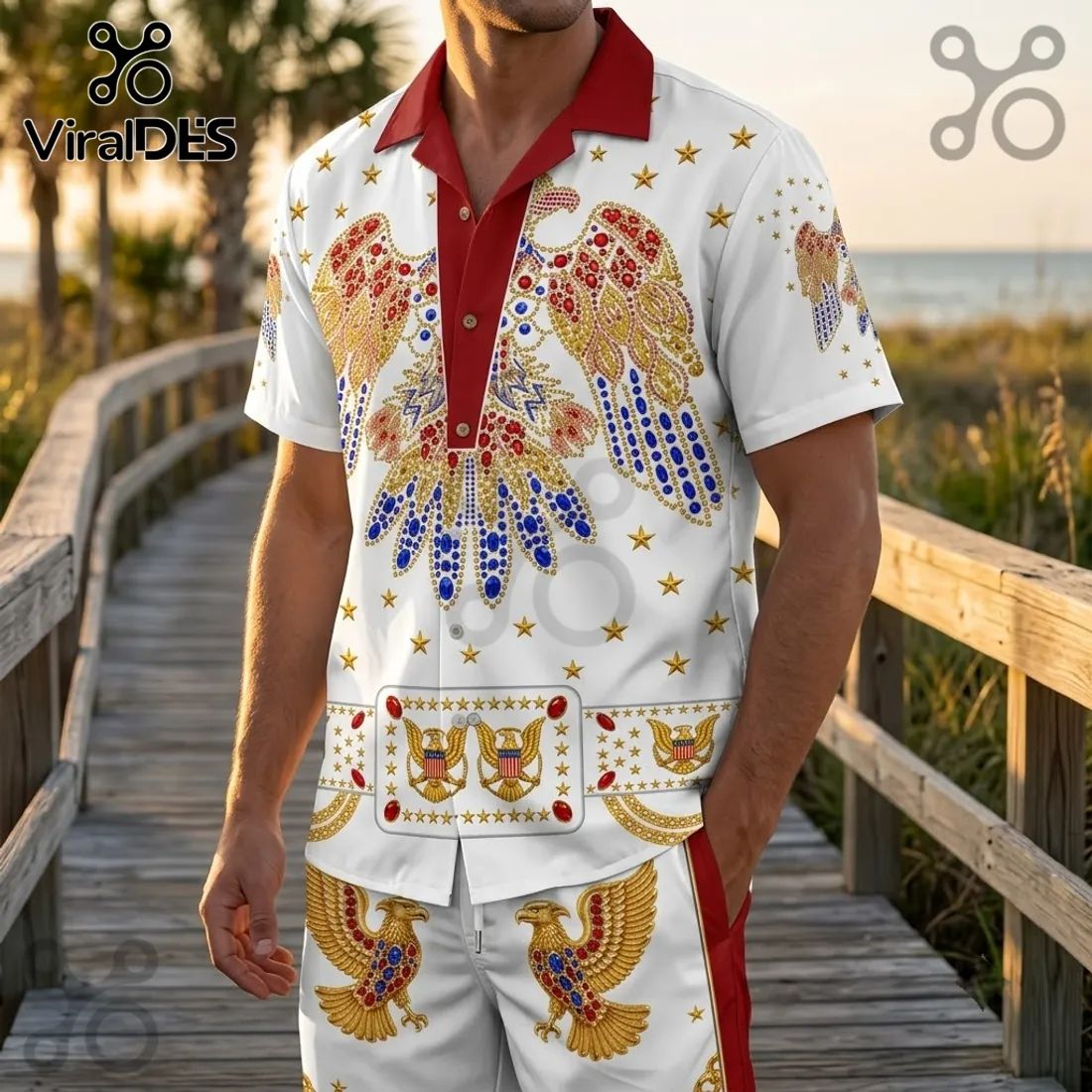 Elvis Presley Gold Eagle Hawaiian Shirt and Shorts