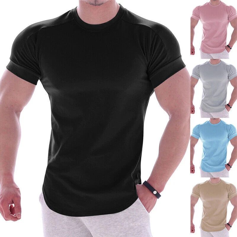 Mens T Shirt Slim Muscle Fit Stretch Tee Male Gym Crew Neck Short Sleeve Top