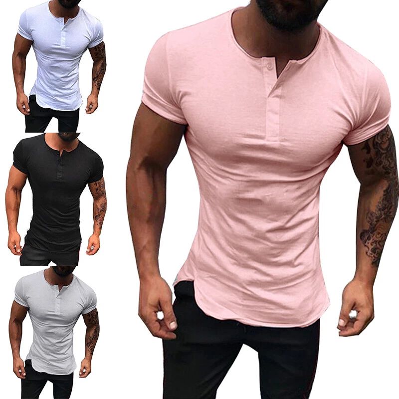 Mens Summer Button Muscle Shirt Tops Slim Fit Shirts Tee Short Sleeve T-Shirt