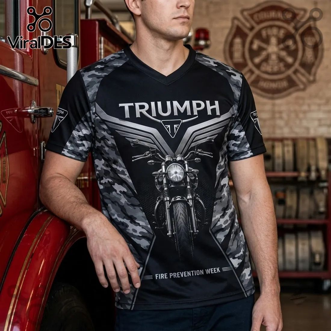 Triumph Motorcycle Camo Firefighter V-Neck Shirt
