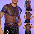 Stylish Men's Mesh T Shirt See Through Shiny O Neck Short Sleeve Purple Tops