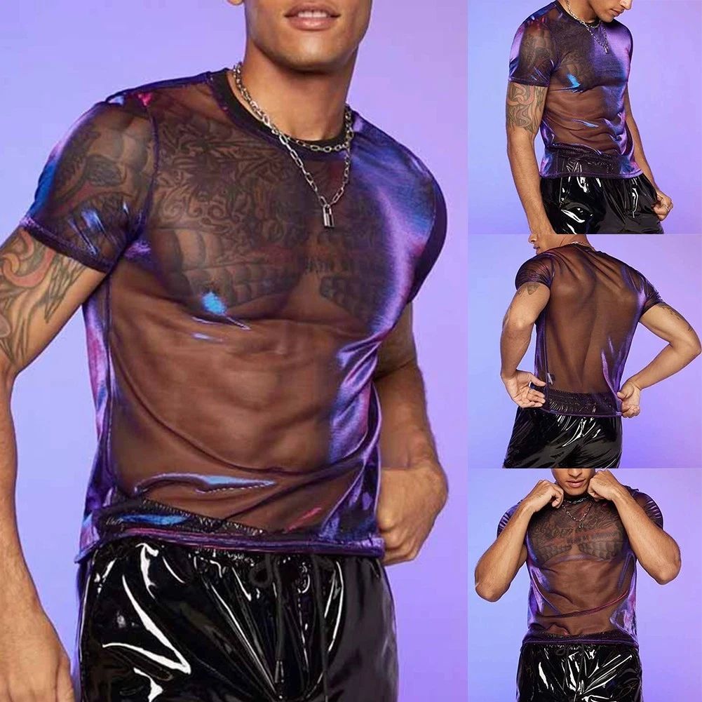 Stylish Men's Mesh T Shirt See Through Shiny O Neck Short Sleeve Purple Tops