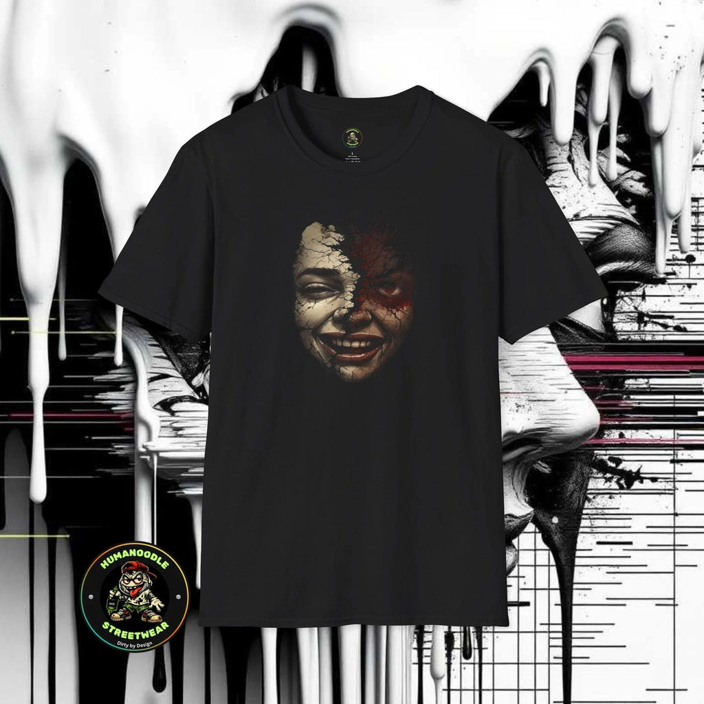 Split Face Smiling Creepy Portrait T-Shirt | Grunge Horror Art