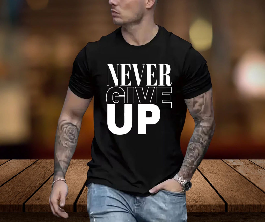 Men’s Black “NEVER GIVE UP” T-Shirt Size L Cotton Crew Neck Trendy Letter Print