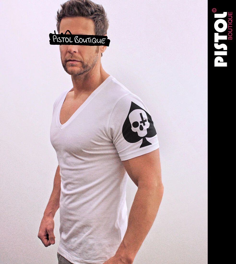 Pistol Boutique T-Shirt Uomo Fitted Bianco Deep V Neck Maniche Skull Ace Spades