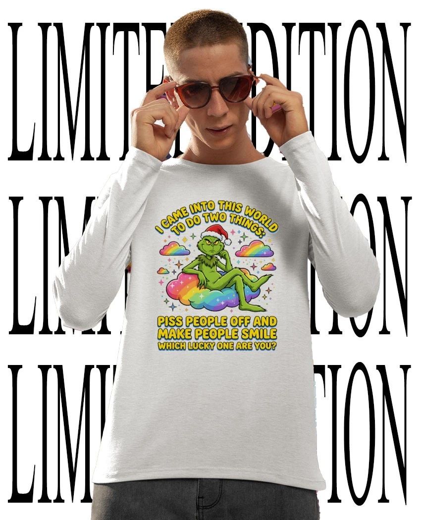 Grinch Sitting on Rainbow Cloud I Came into This World to Do Two Things Piss People Off and Make Smile Which Lucky One Are You shirt