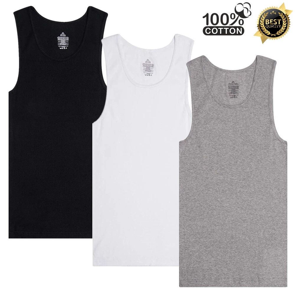 3 Packs Mens Ribbed Tank top 100% Cotton A-Shirt Wife Beater Mixed Undershirt
