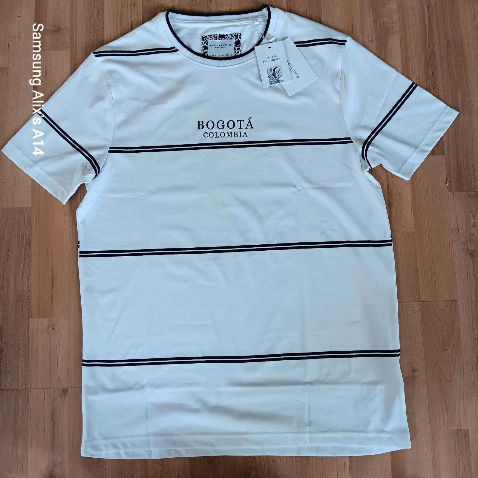 Denim & Flower Striped T-Shirt Bogotá Colombia Men's White Travel Souvenir Tee