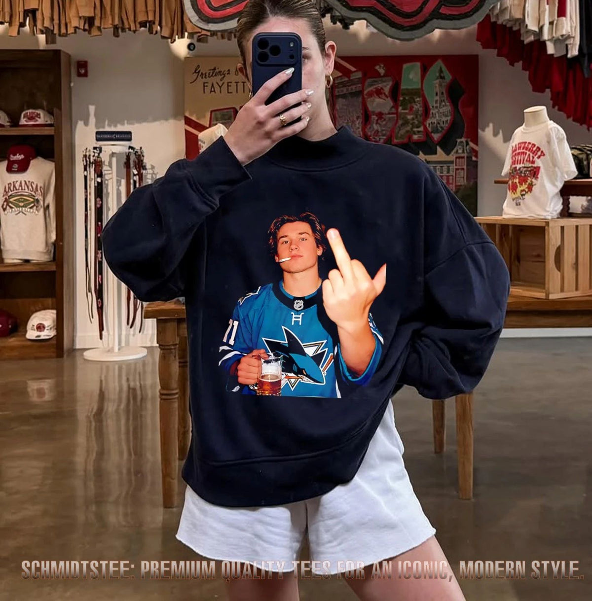 Macklin Celebrini San Jose Sharks holding beer middle finger shirt