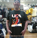 USA Baseball Champion player with trophy and America flag shirt