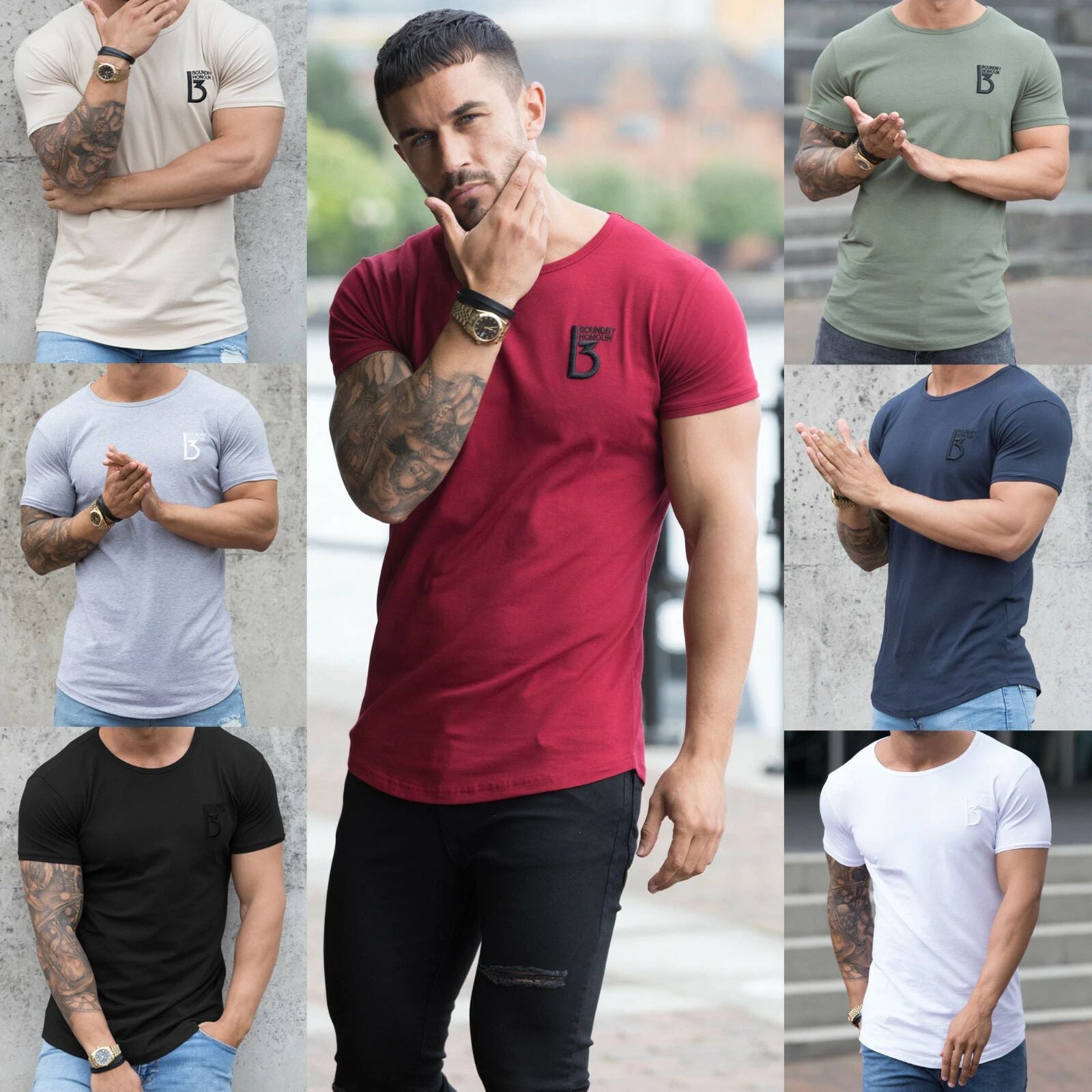 Herren Slim Fit T-Shirt Muskel Fitness Top Designer Kurzärmelig Gebogen Saum
