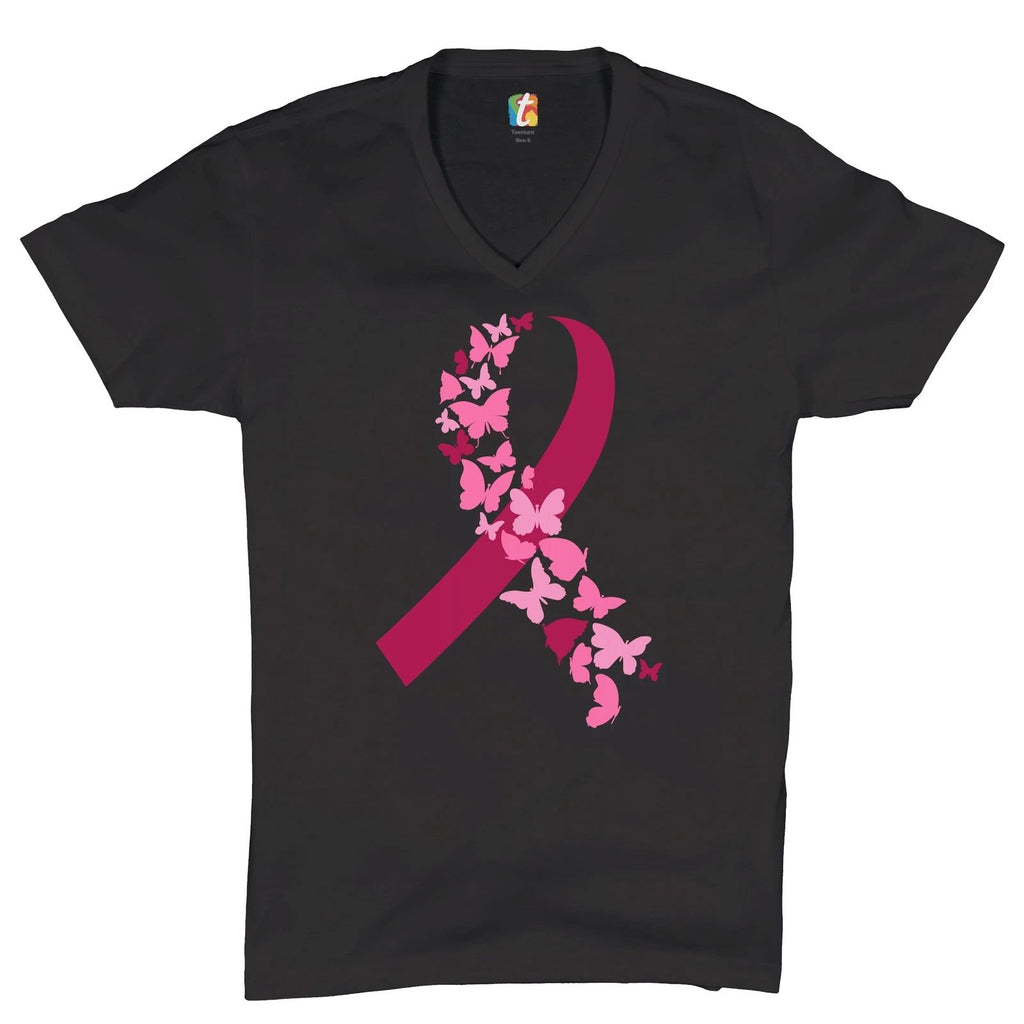 Butterflies Pink Ribbon V-Neck T-shirt Breast Cancer Awareness Hope Tee