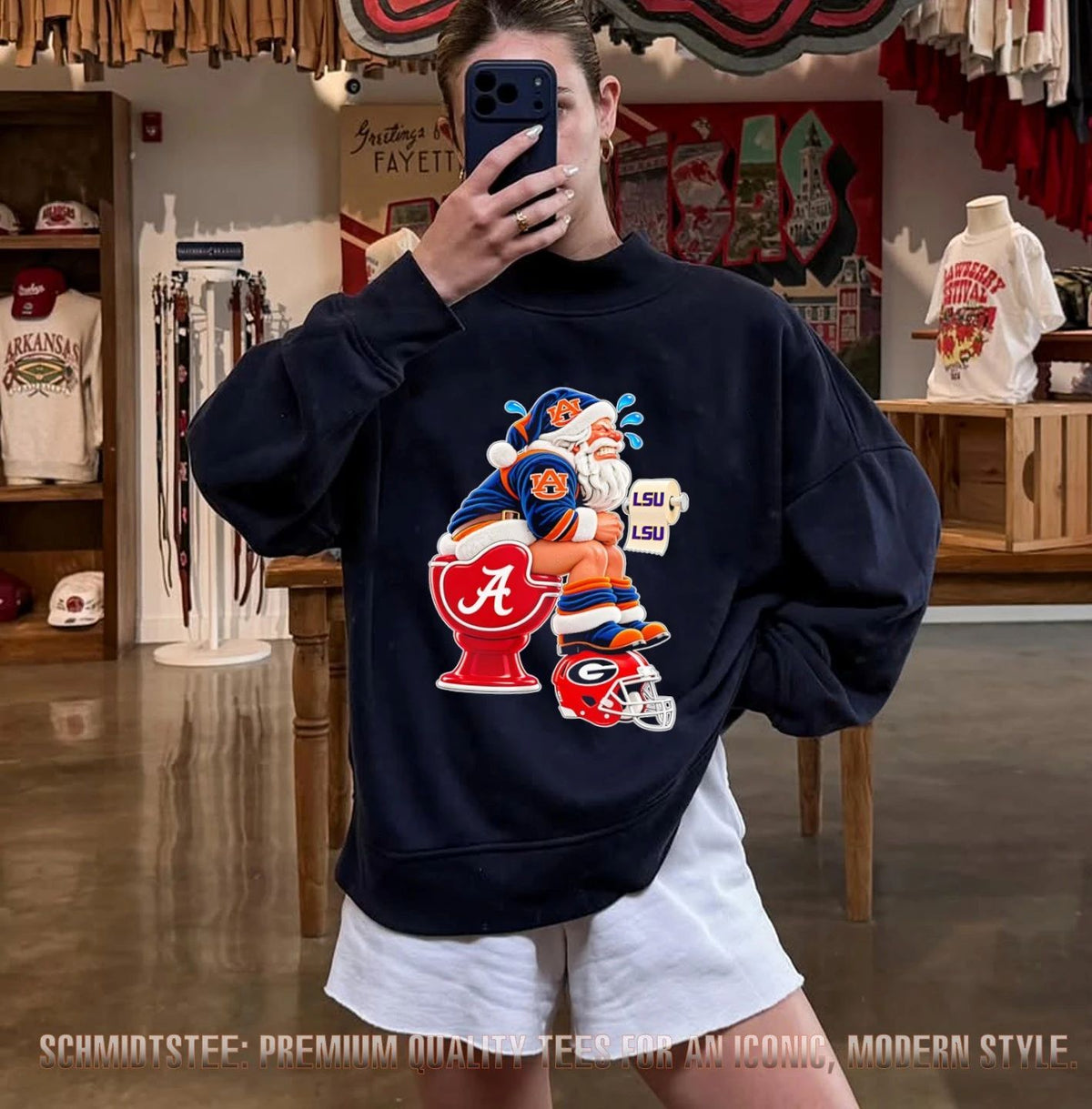 Auburn Santa Claus on Alabama Toilet with LSU Toilet Paper and Georgia Helmet shirt