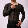 Mens Striped Breathable Slim Fit Mesh T-shirt Transparent Long Sleeves Top Shirt