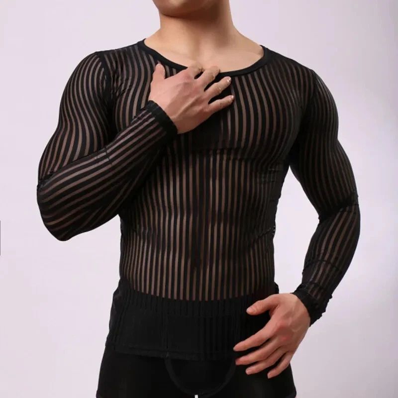 Mens Striped Breathable Slim Fit Mesh T-shirt Transparent Long Sleeves Top Shirt