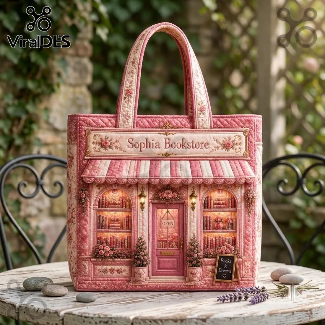 Sophia Bookstore Pink Quilted Book Lover Tote Bag