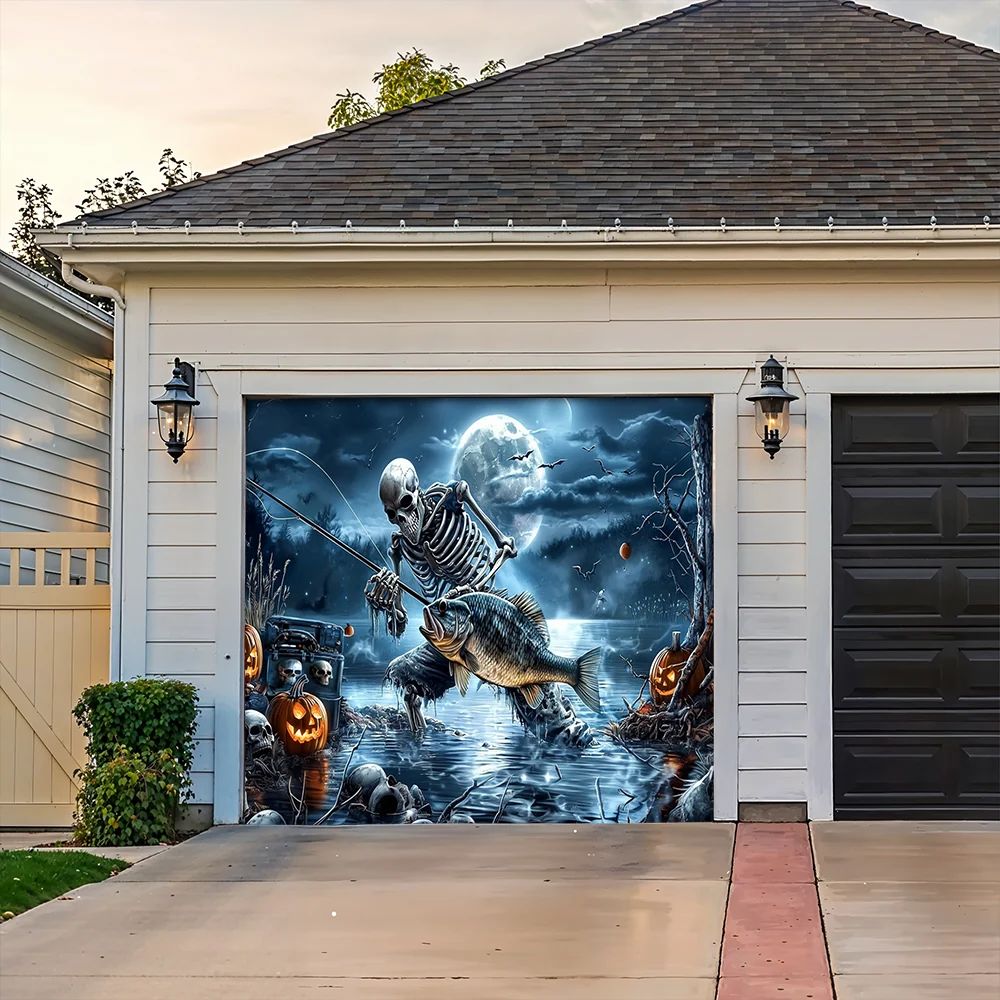 Skeleton Fishing Halloween Garage Door Banner