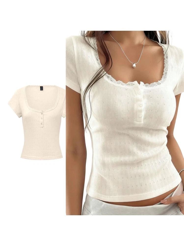 Womens Lace Trim Button Front Short Sleeve T-Shirt Solid Color Slim Fit Crop Top