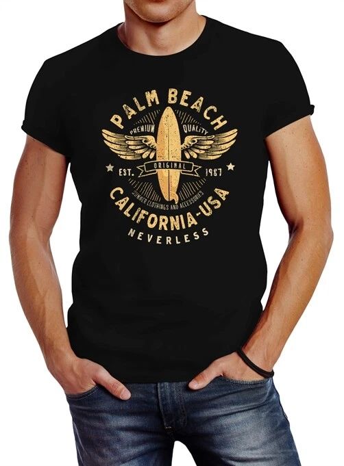 Neverless® Men's Surfing Motif Vintage Effect Palm Beach California T-Shirt