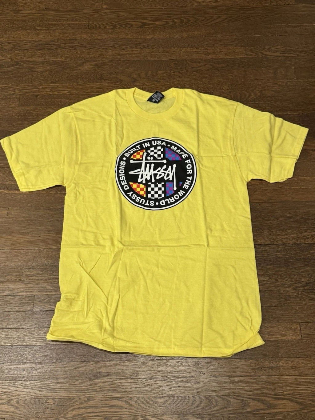 Stussy Built in USA Circle Logo T-Shirt Medium Vintage Yellow Brand New