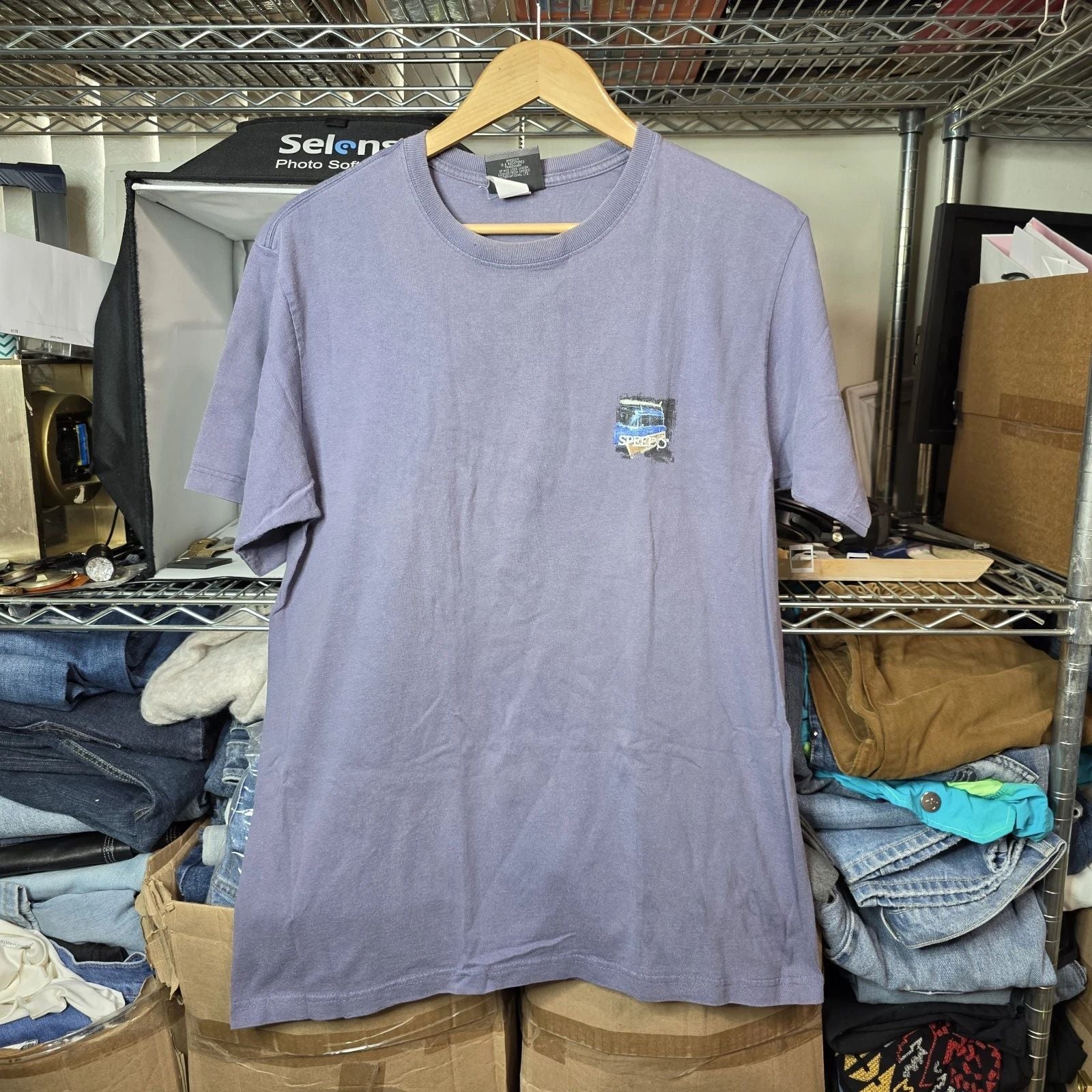 Vintage Speedo Graphic T-Shirt 2003 Beach Car Surf Tee Purple Size L