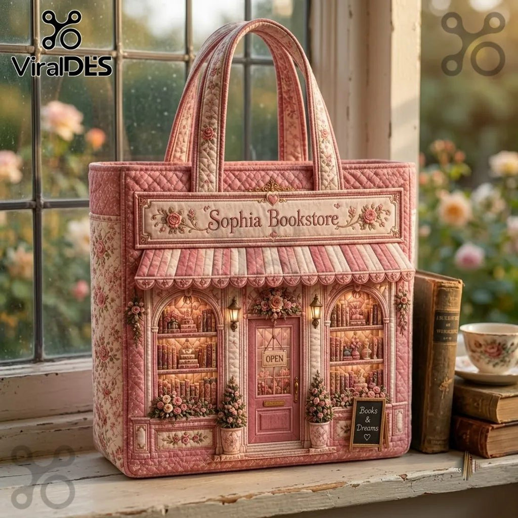 Sophia Bookstore Pink Quilted Book Lover Tote Bag
