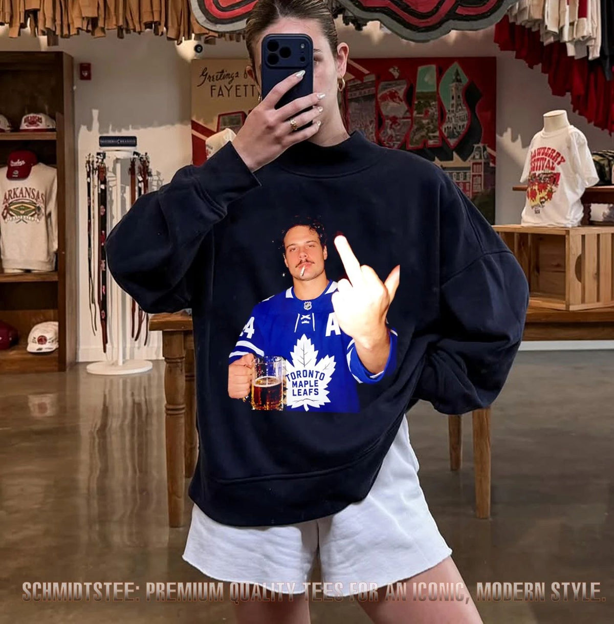 Auston Matthews Toronto Maple Leafs holding beer middle finger shirt