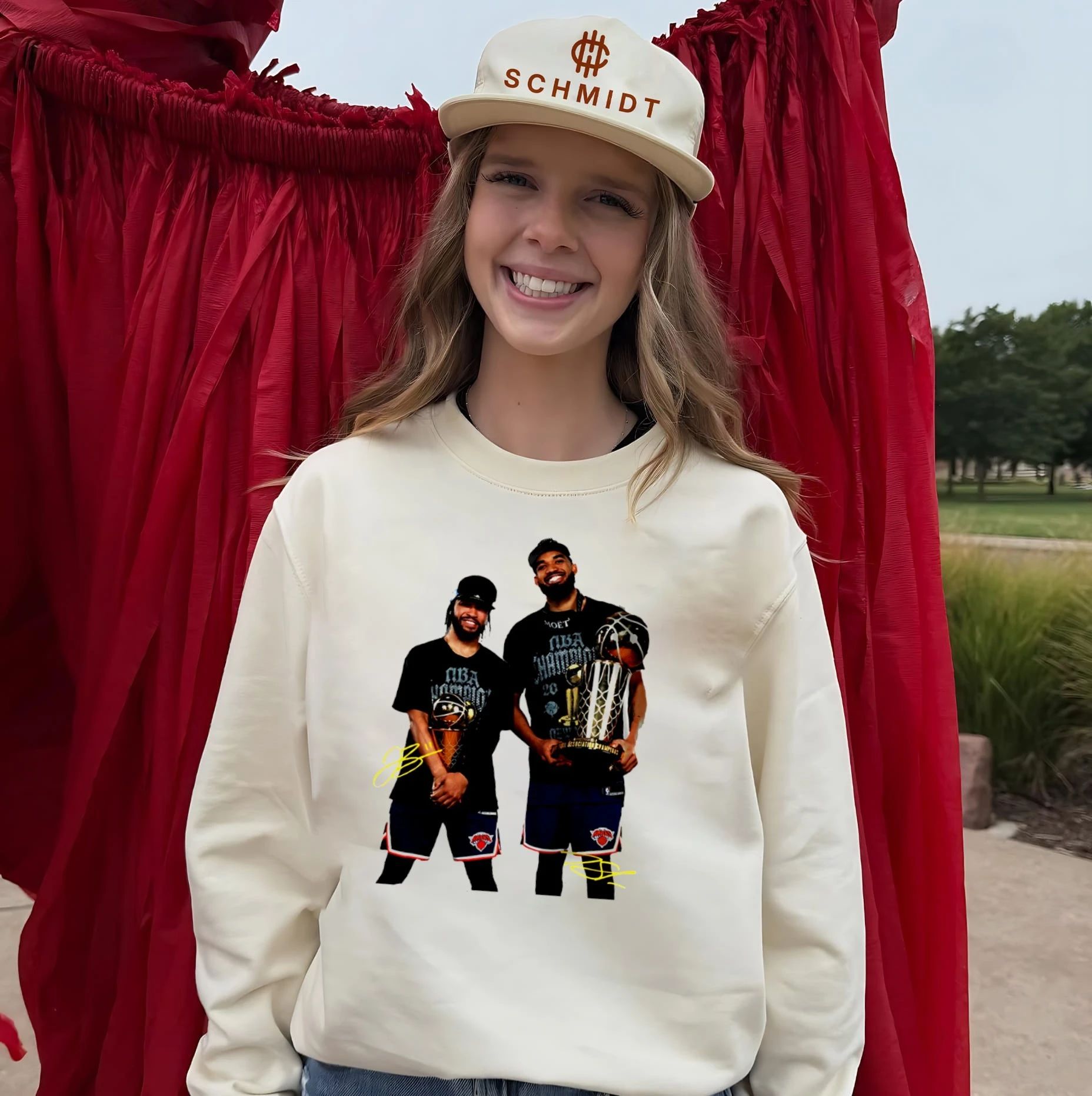 Jalen Brunson And Karl-Anthony Towns 2026 NY Knicks Champions holding trophy signature shirt