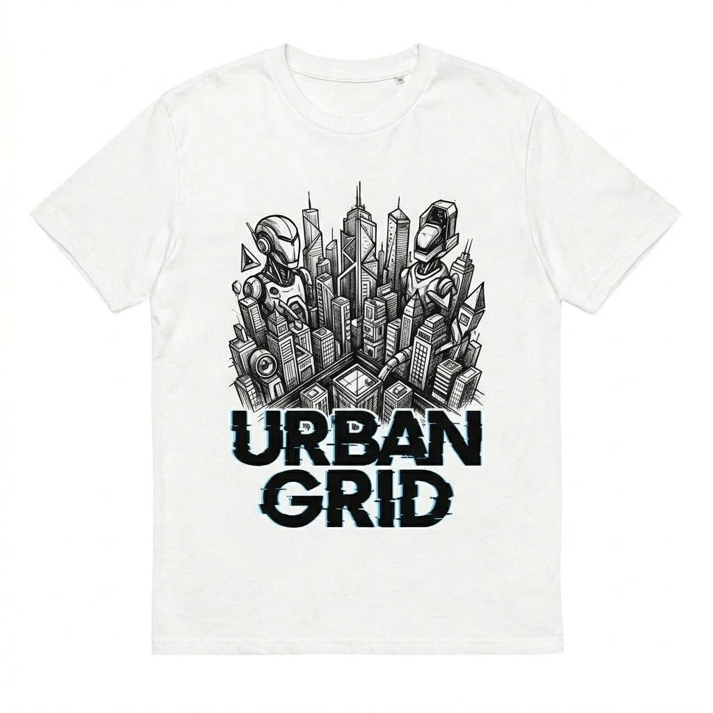 Urban Grid Cyberpunk Robot T-Shirt - Futuristic Sci-Fi City Graphic Tee for Men