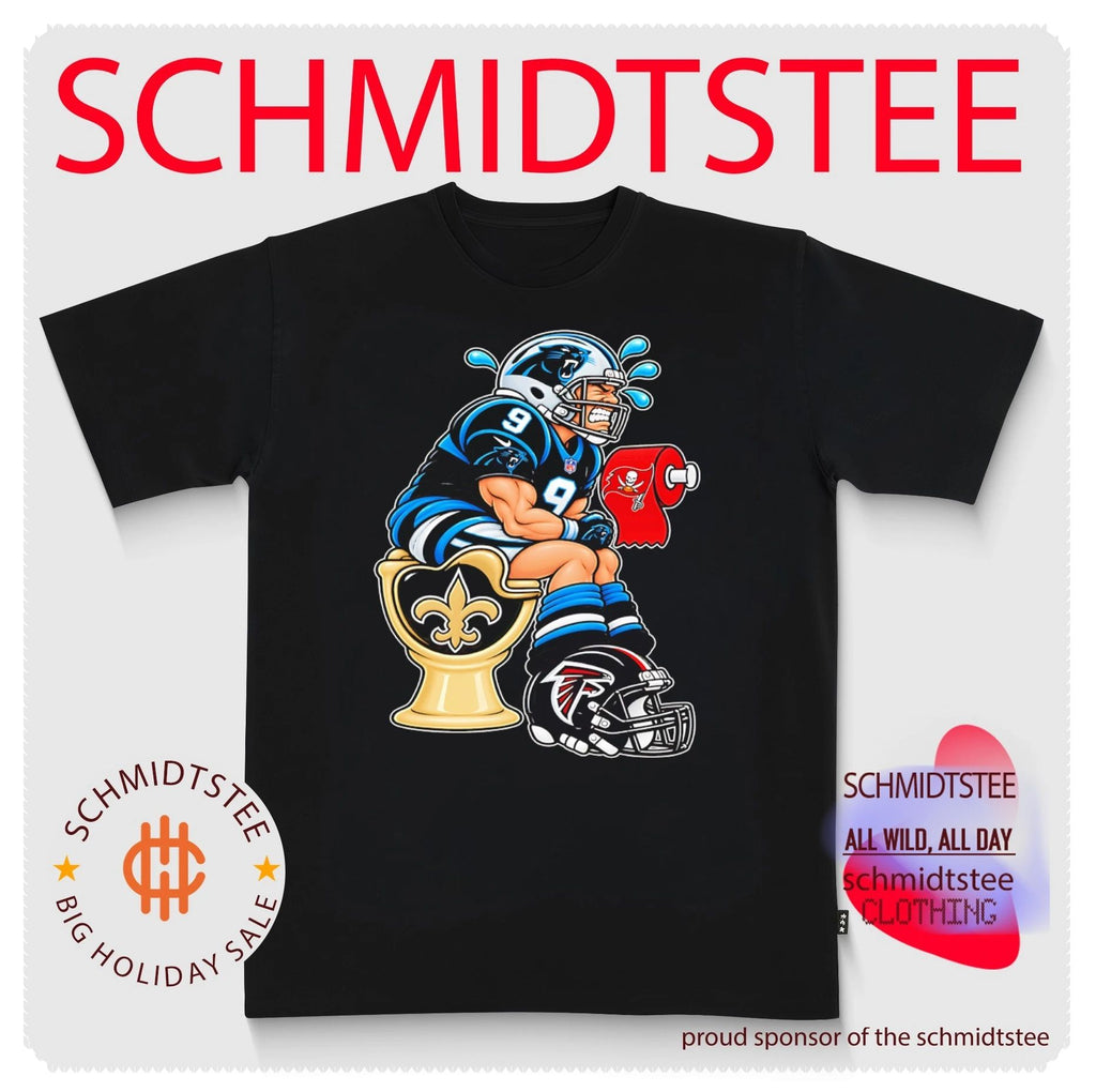 Carolina Panthers Player No 9 on NO Saints Toilet with Tampa Bay Buccaneers Toilet Paper and Atlanta Falcons Helmet shirt