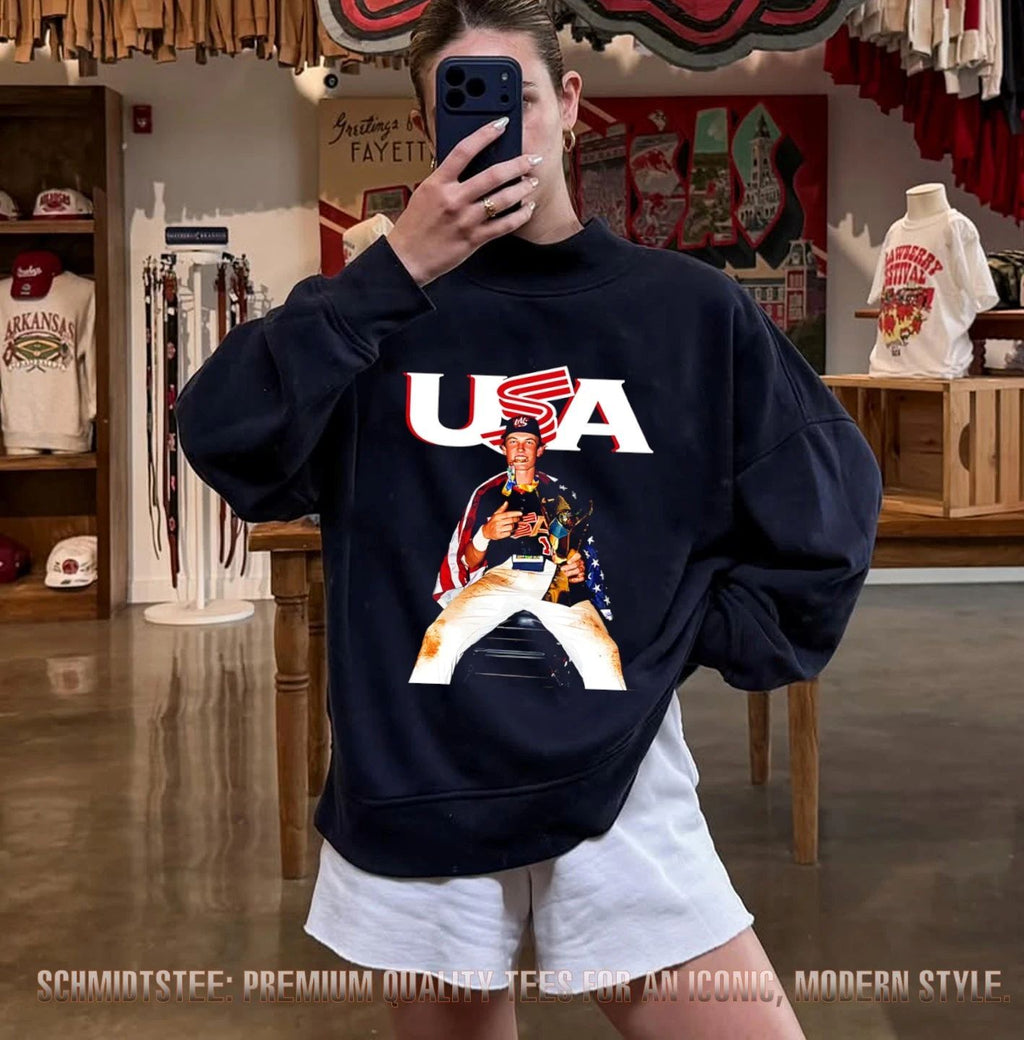USA Baseball Champion Jack Hughes America flag and trophy shirt
