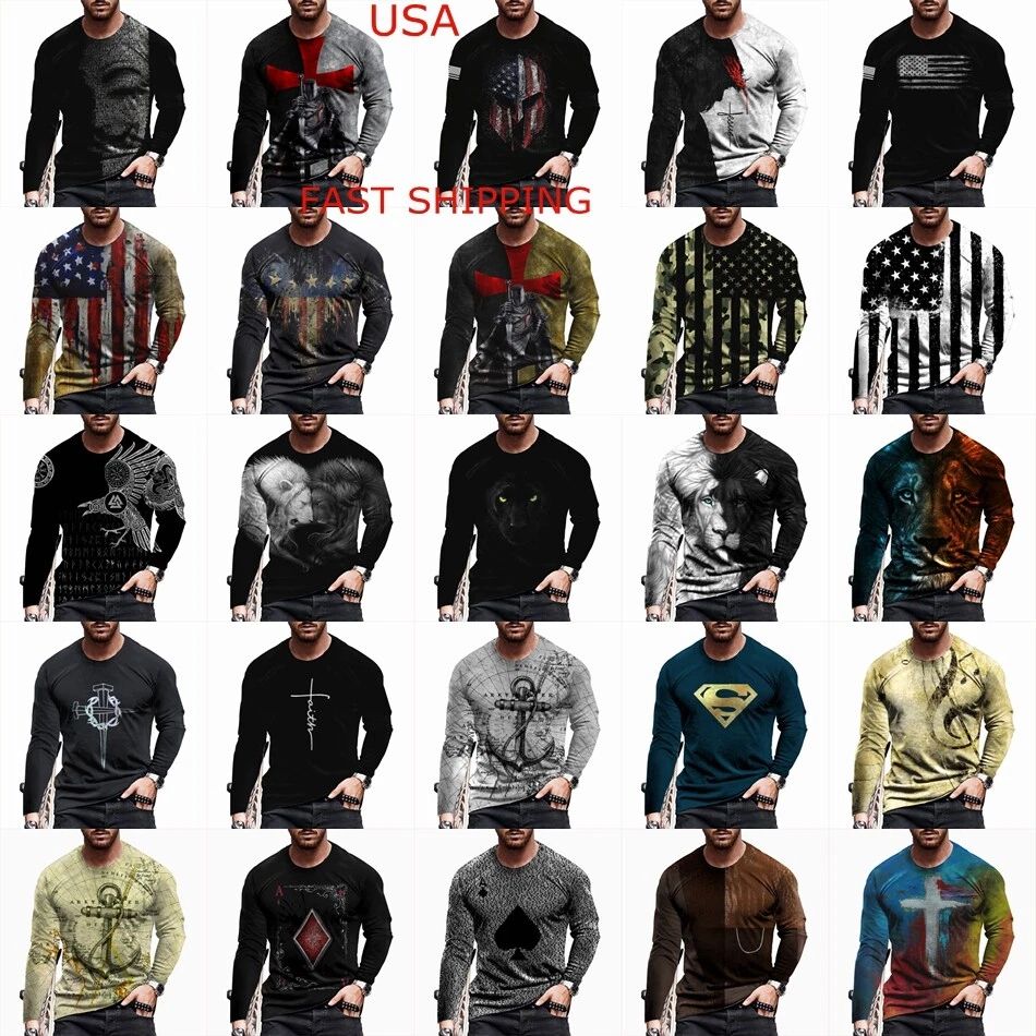 T Shirt Men's Fashion Long Sleeve USA Flag Cross Graphic Casual Silky Streetwear