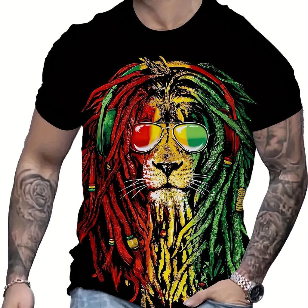 Men's Fashionable Lion Pattern Shirt, Casual Breathable Round Neck Short Sleeved